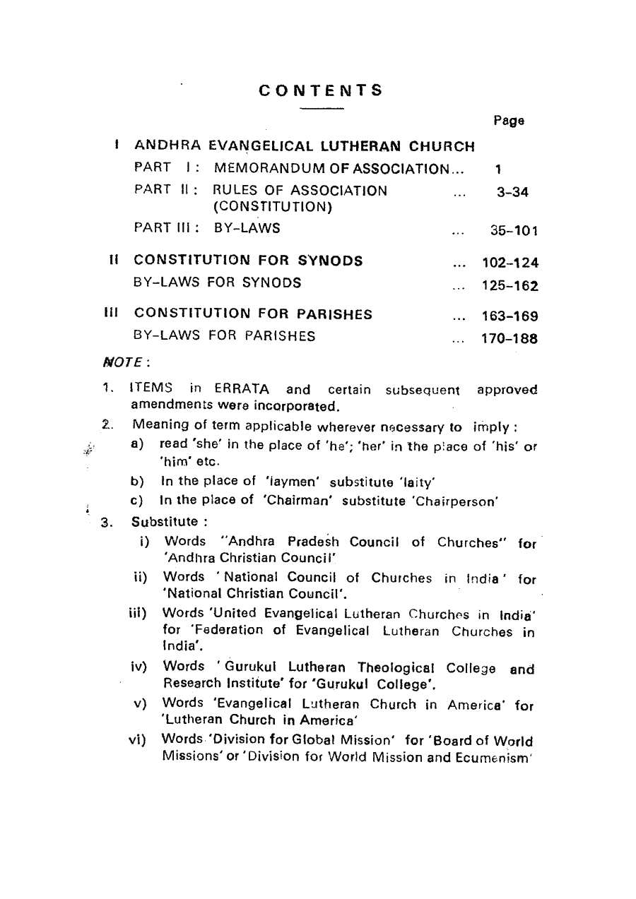 Contents page of the printed Constitution