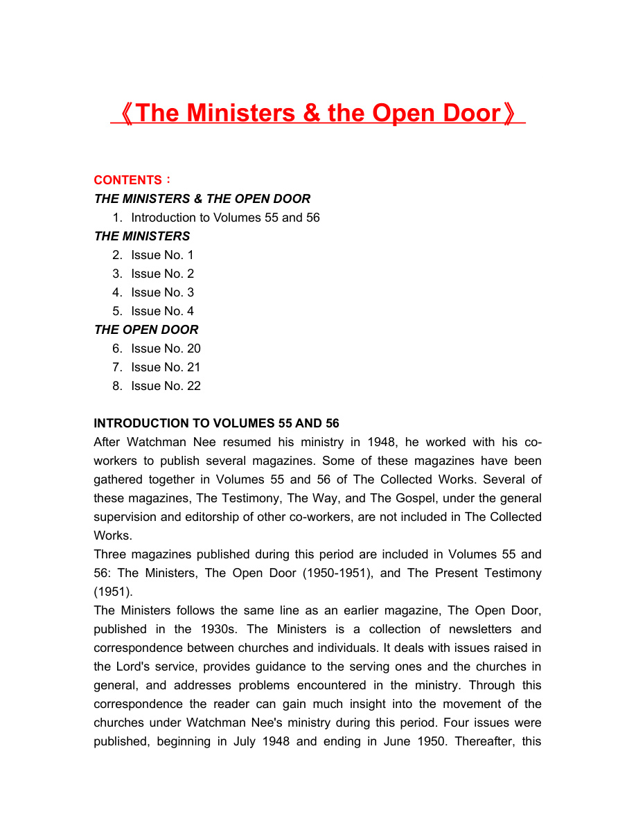 Cover of The Ministers the Open Door