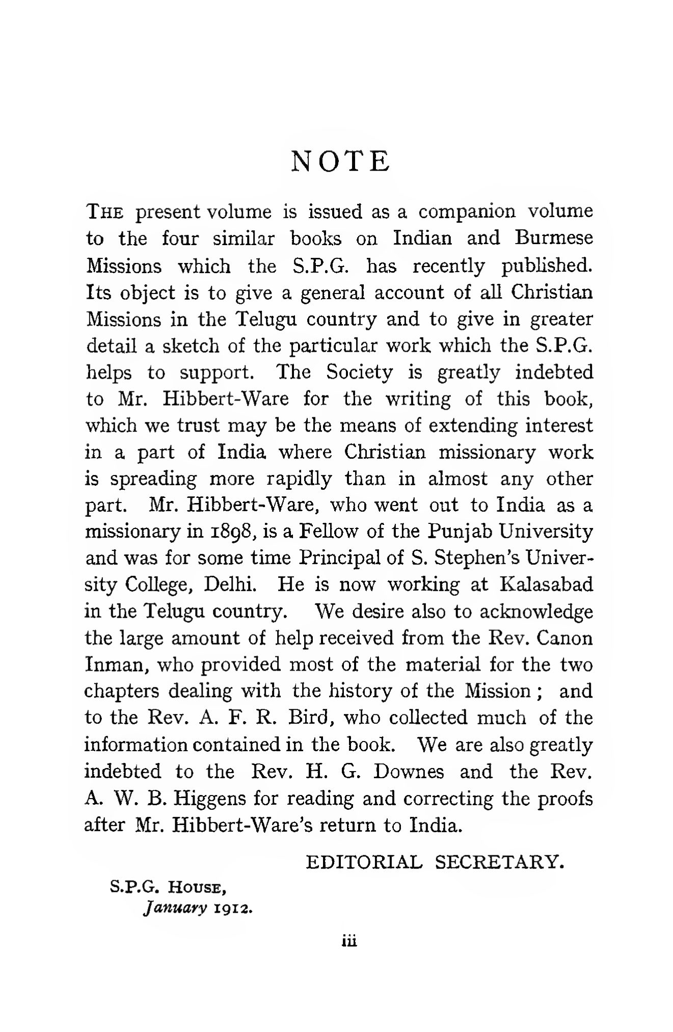 Page 11 of Christian Missions in the Telugu Country (Title, Note & Contents)
