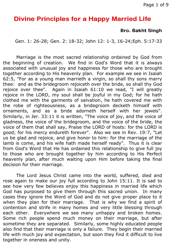 Divine Principles for a Happy Married Life by Bakht Singh