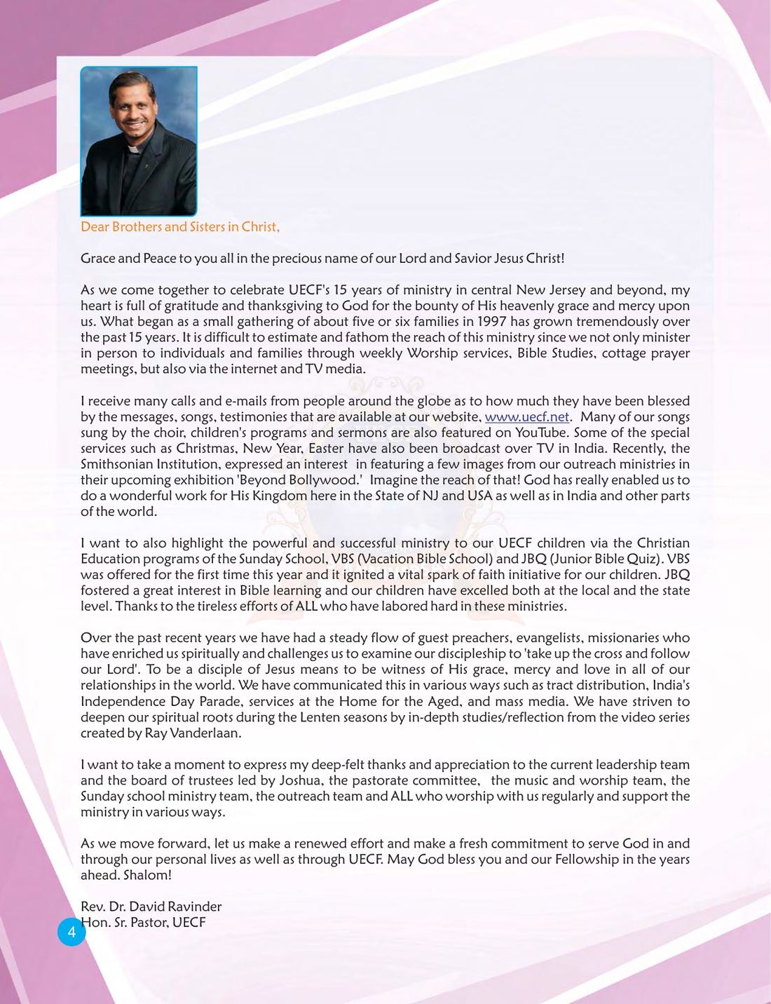 Congratulatory message on page 4 of the UECF 15th Anniversary Souvenir