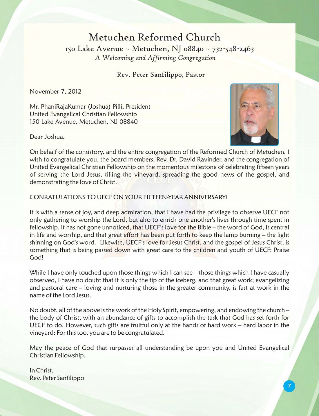 Congratulatory message on page 7 of the UECF 15th Anniversary Souvenir