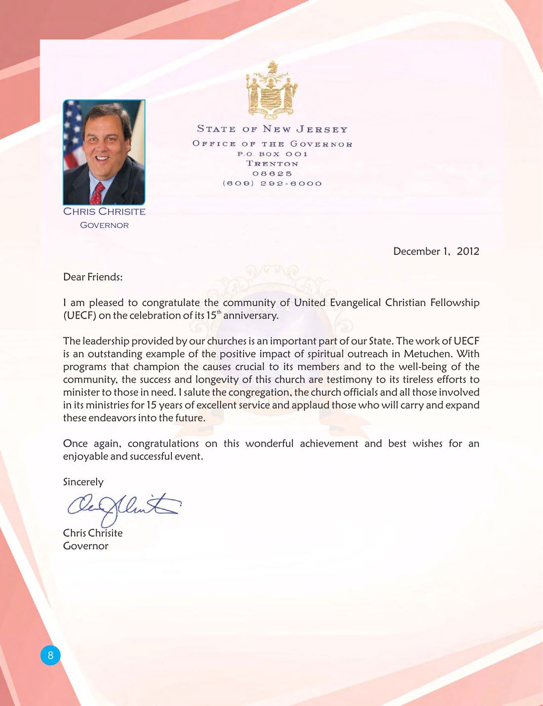 Congratulatory message on page 8 of the UECF 15th Anniversary Souvenir