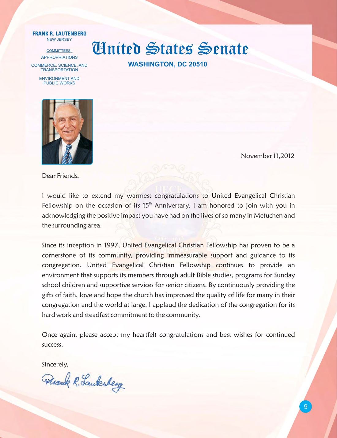 Congratulatory message on page 9 of the UECF 15th Anniversary Souvenir