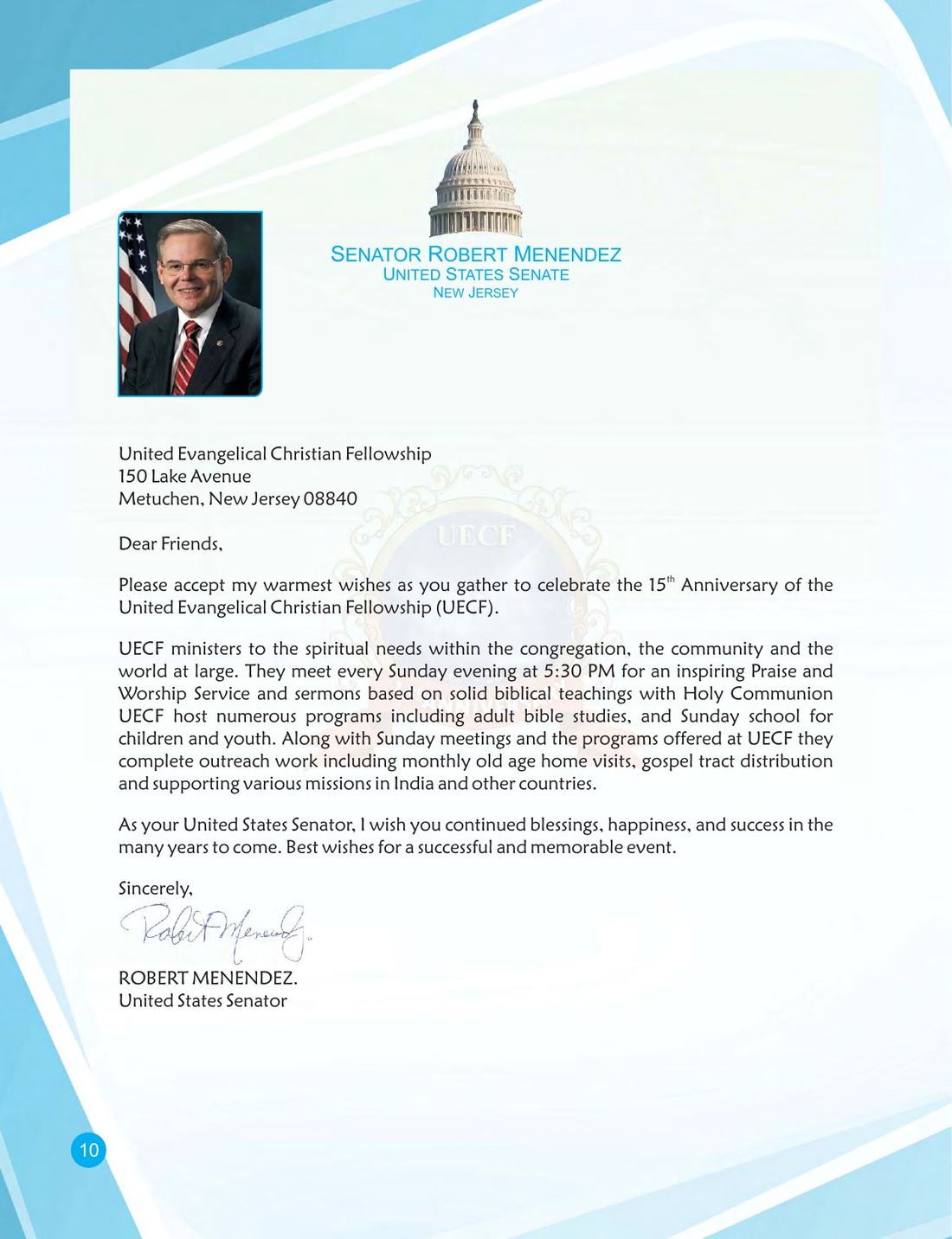 Congratulatory message on page 10 of the UECF 15th Anniversary Souvenir