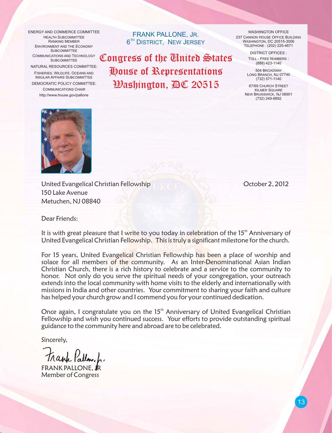 Congratulatory message on page 13 of the UECF 15th Anniversary Souvenir