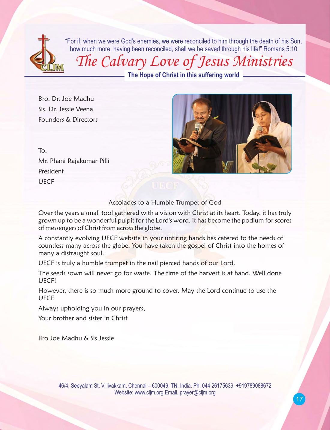 Congratulatory message on page 17 of the UECF 15th Anniversary Souvenir