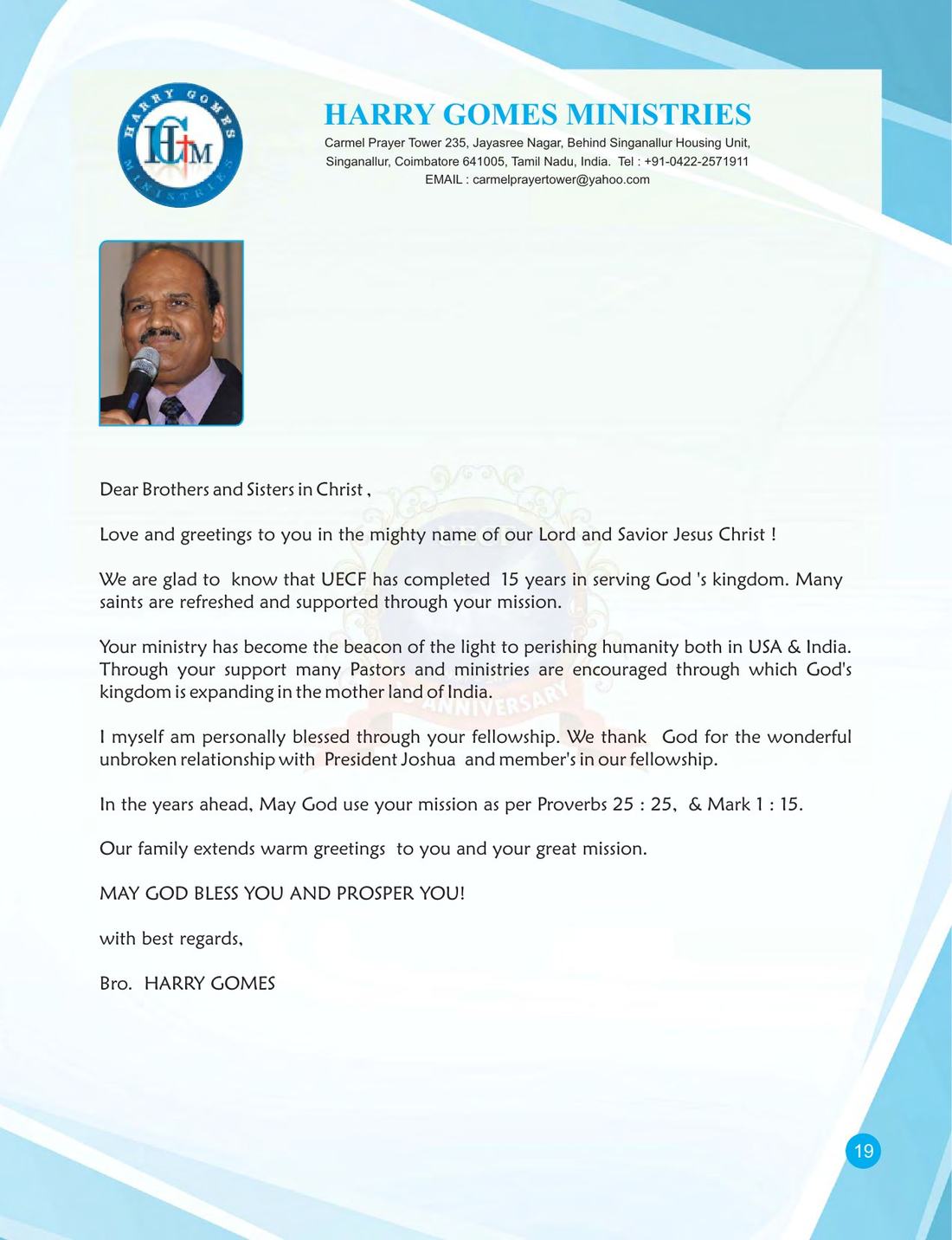 Congratulatory message on page 19 of the UECF 15th Anniversary Souvenir