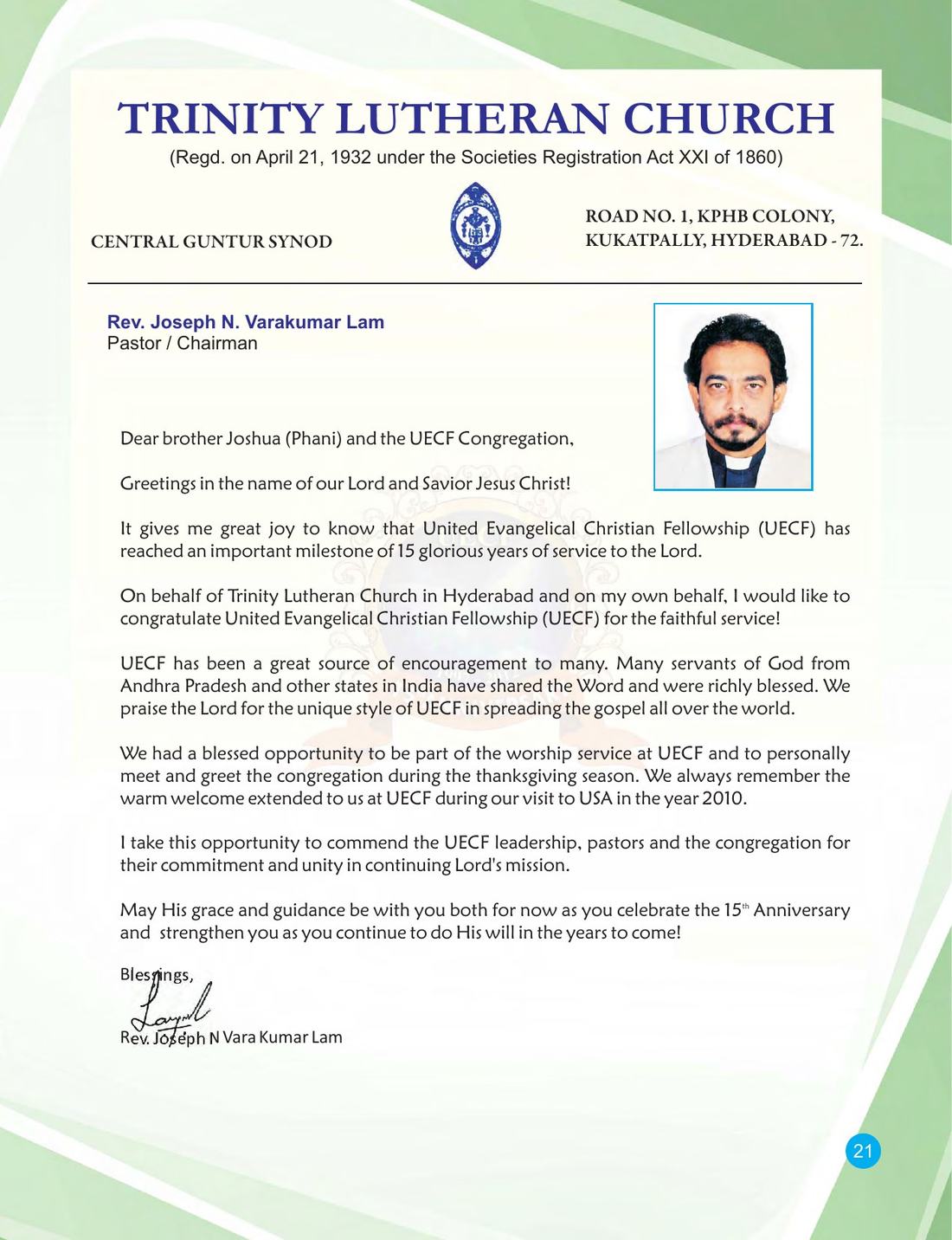 Congratulatory message on page 21 of the UECF 15th Anniversary Souvenir