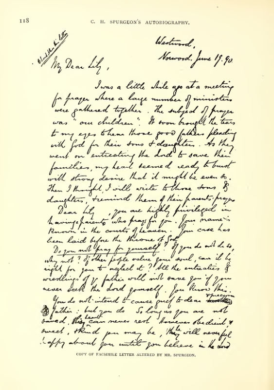 iiS e CL^ .^.^ .^.^ .^c,,.^^ /^ .^^^L.-^ '^/f^^ ,; ^ COPY OF FACSIMILE LETTER ALTERED BY MR. SPURGEON
