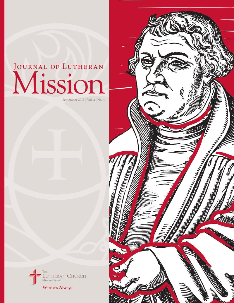 Cover of the Journal of Lutheran Mission, September 2015, Vol. 2 No. 4, with a red-tinted woodcut portrait of Martin Luther
