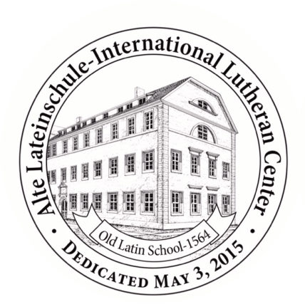 Circular seal of the Alte Lateinschule / International Lutheran Center, Old Latin School 1564, dedicated May 3, 2015, showing the school building