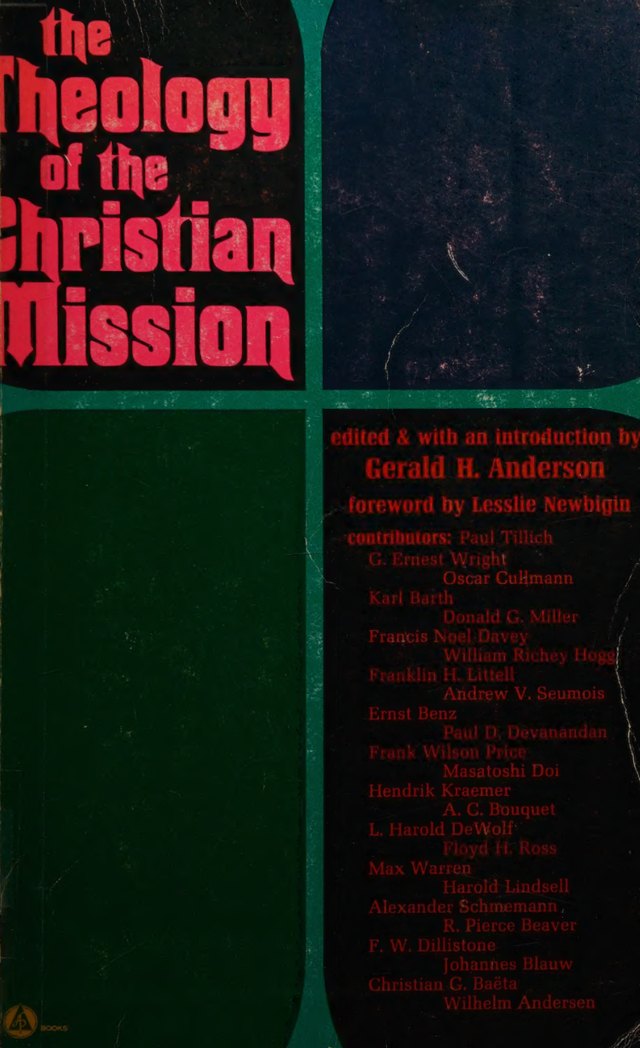 Cover of The Theology of the Christian Mission (Abingdon paperback): title in red on a dark cross-shaped design, with the names of the contributors