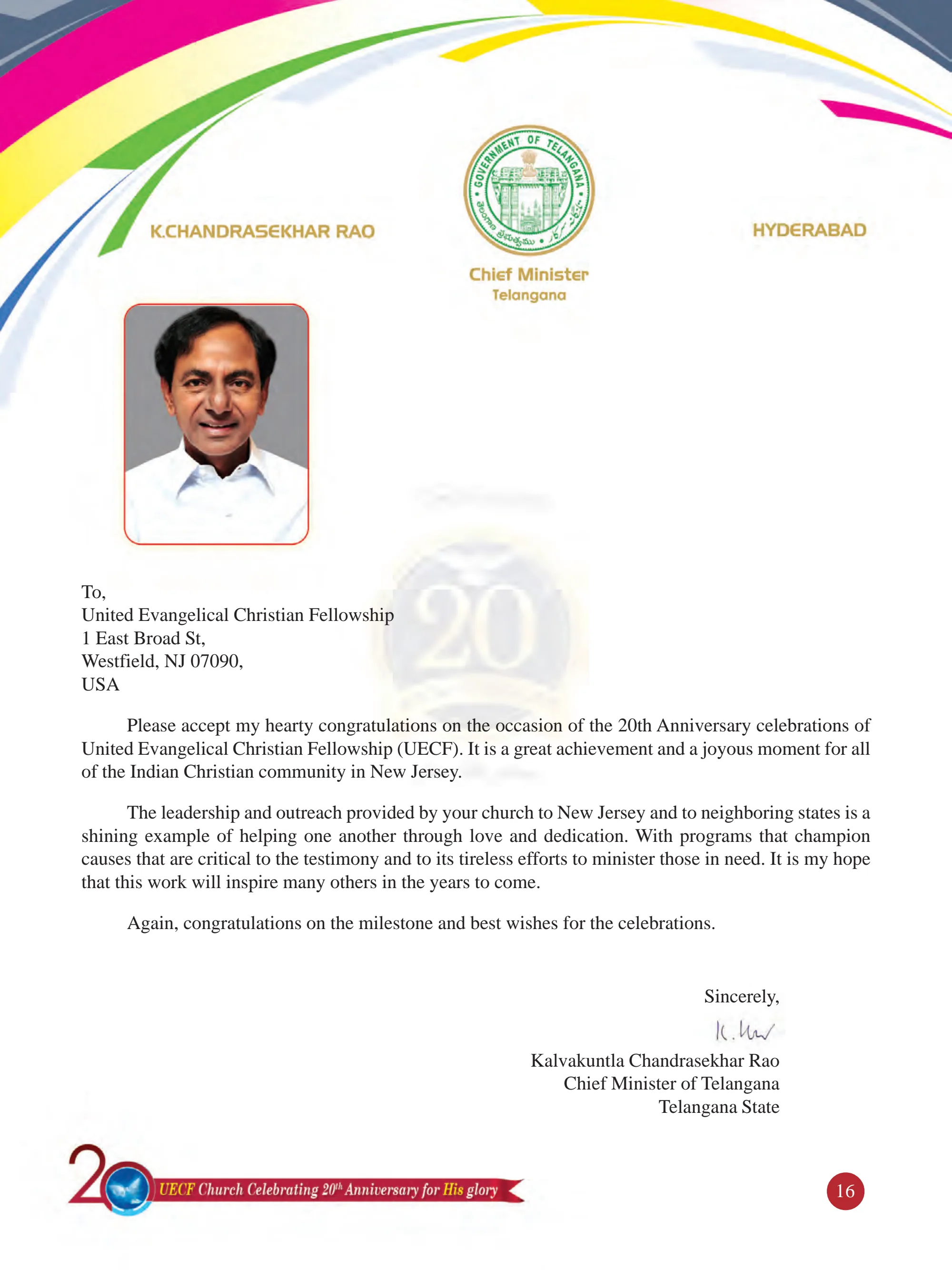 Mr. K. Chandra Sekhara Rao (KCR) — original souvenir page 16