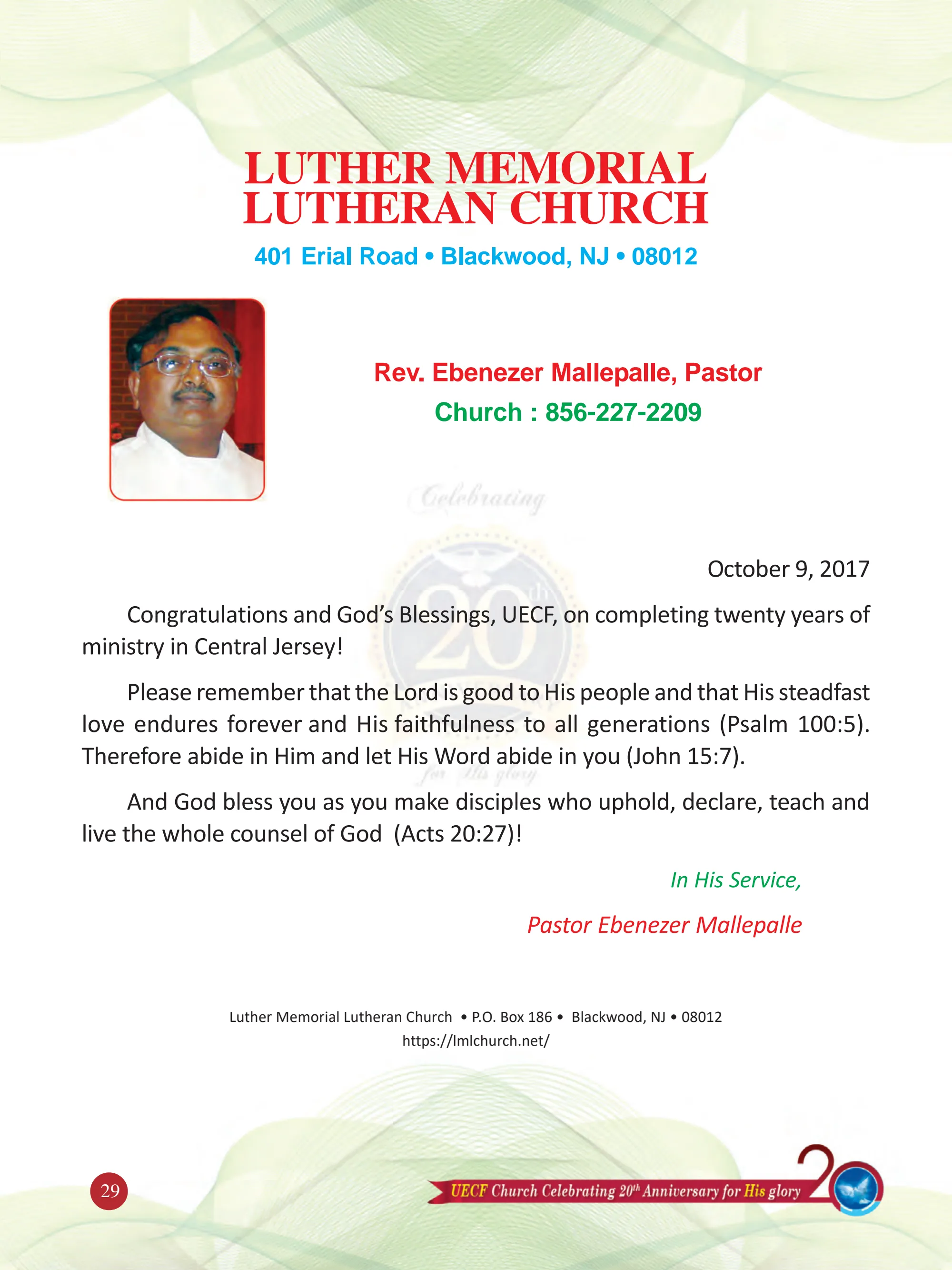 Rev. Ebenezer Mallepalle — original souvenir page 29