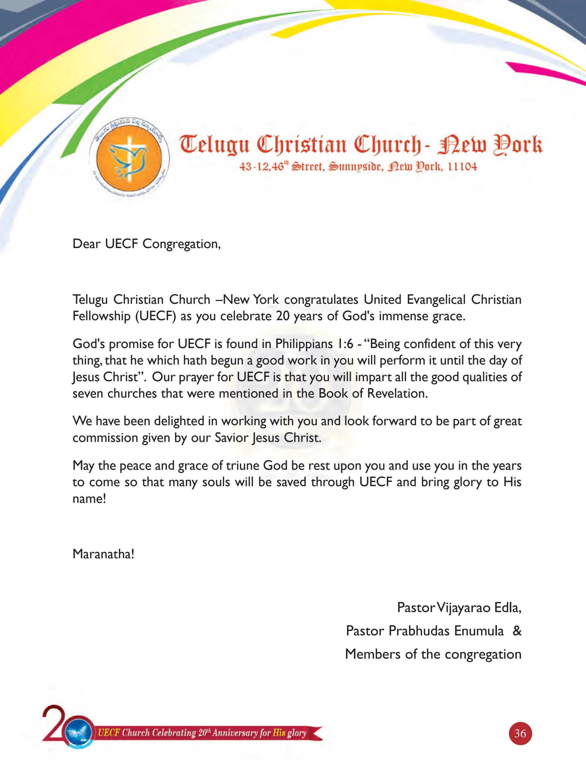 Telugu Christian Church New York — original souvenir page 36