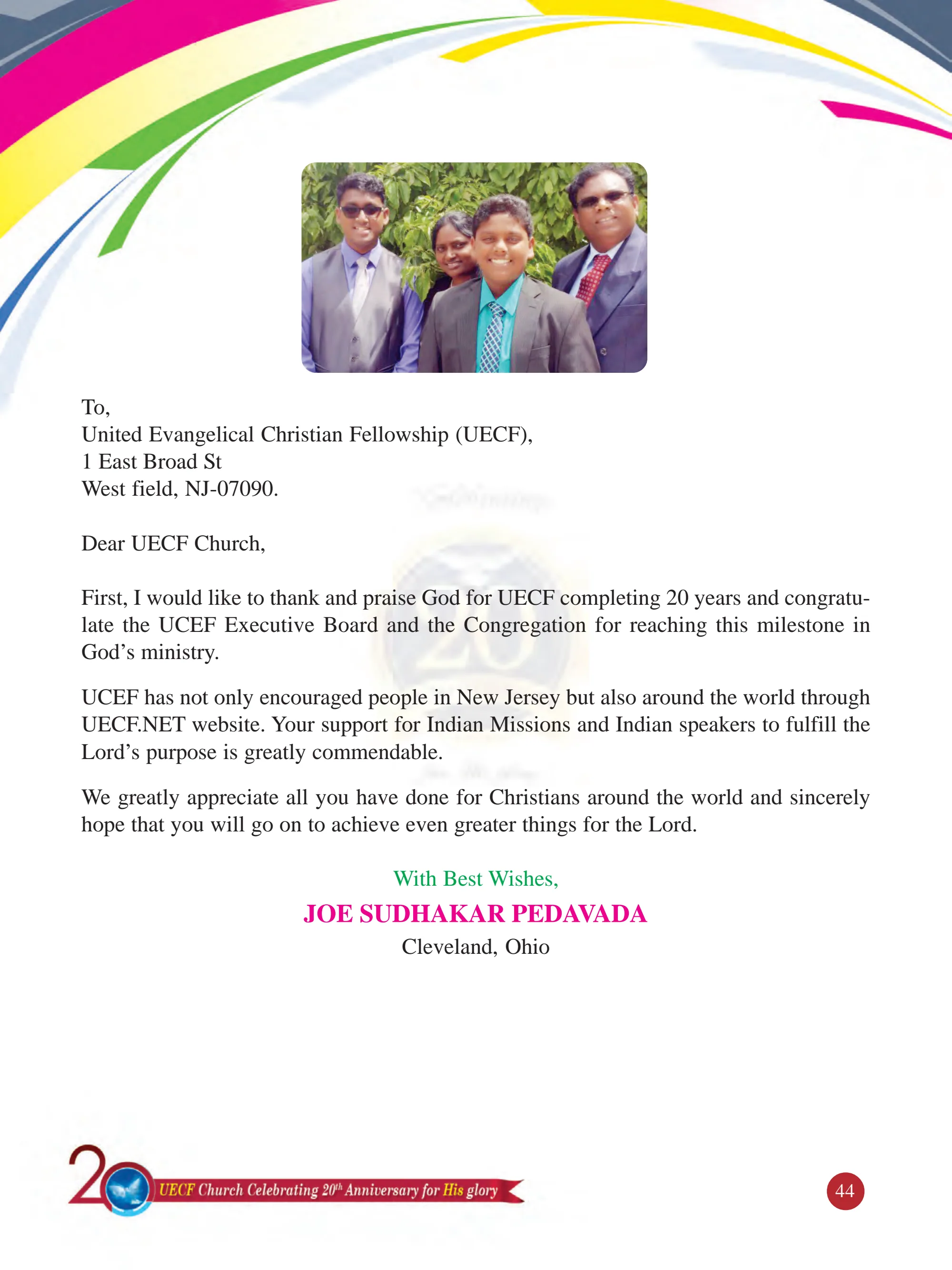 Bro. Joe Sudhakar Pedavada — original souvenir page 44