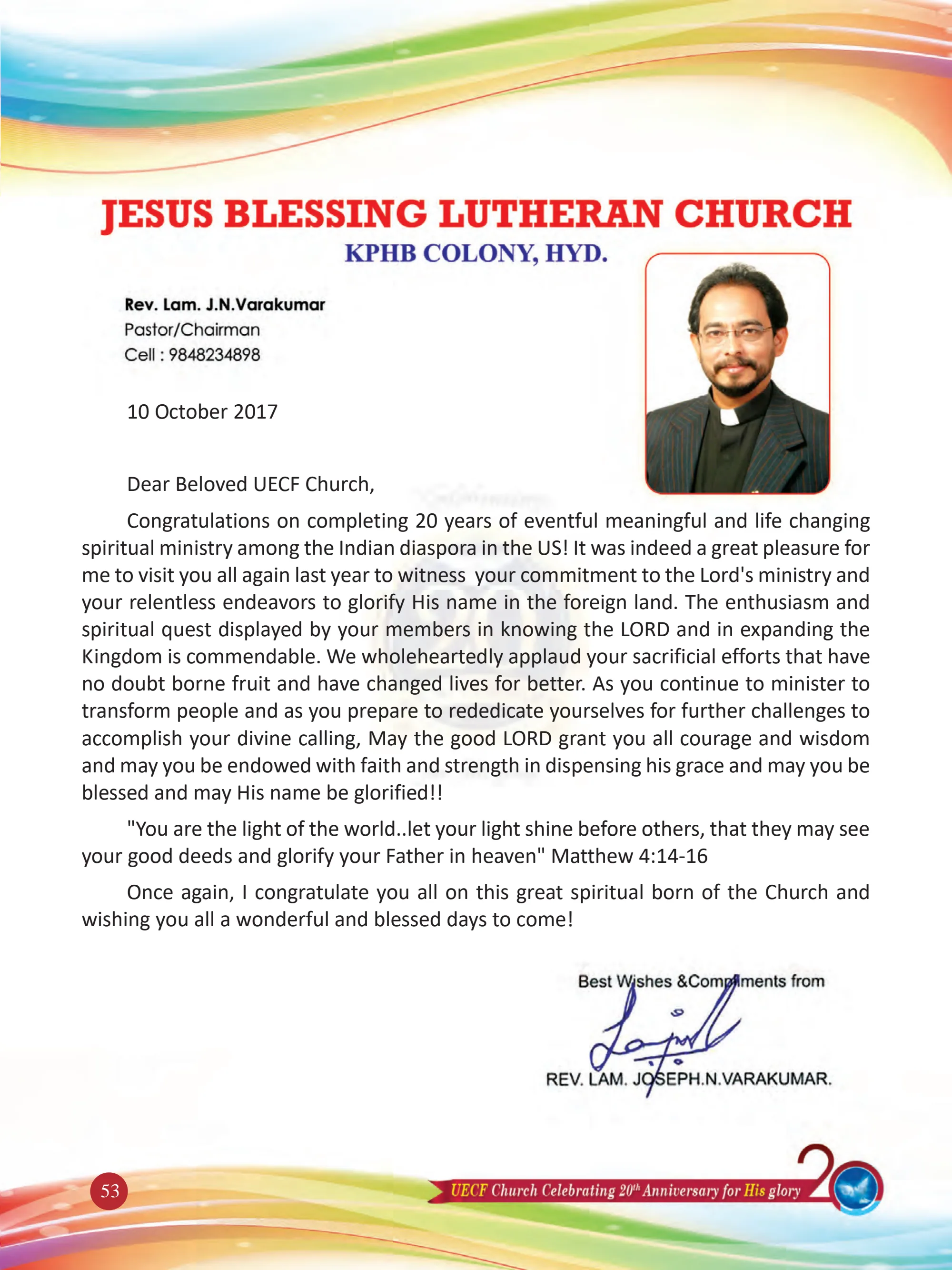 Rev. Joseph N. Varakumar Lam — original souvenir page 53