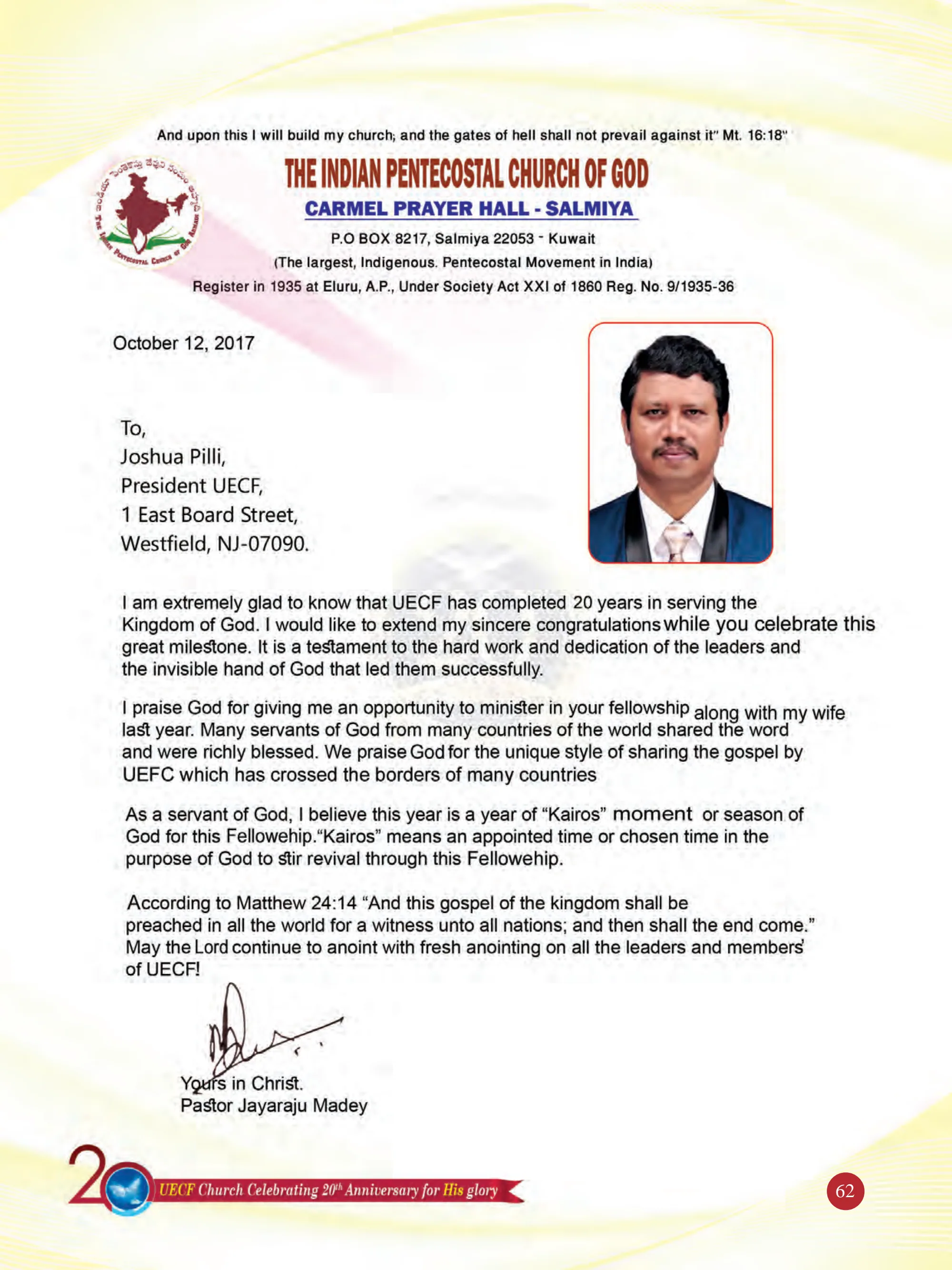 Rev. Jayaraju Madey — souvenir page 62