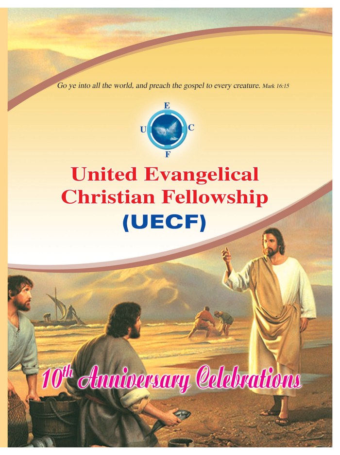 Cover of the UECF 10th Anniversary Souvenir: the words United Evangelical Christian Fellowship (UECF) and 10th Anniversary Celebrations over an image of Jesus calling his disciples by the sea.