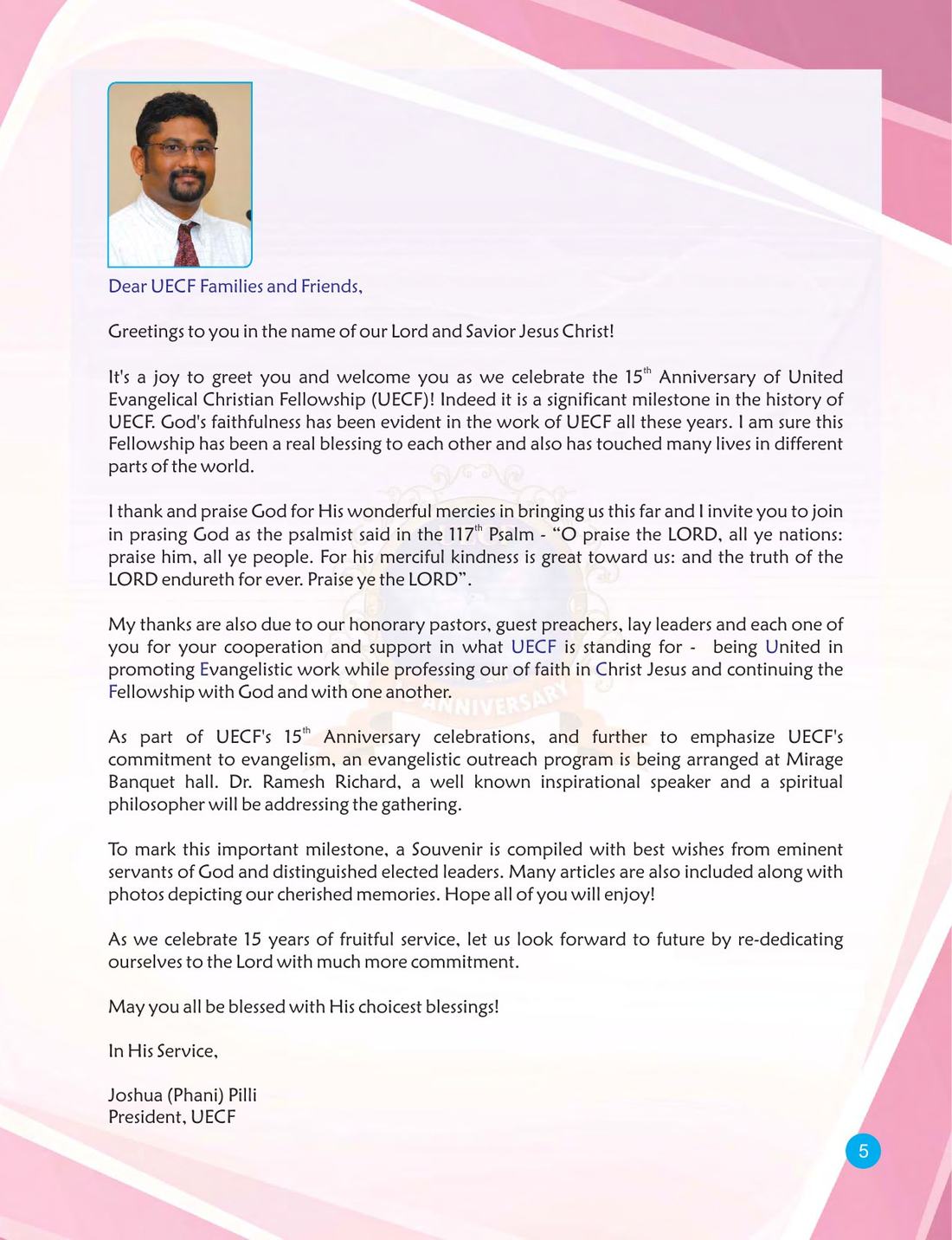 Congratulatory message on page 5 of the UECF 15th Anniversary Souvenir