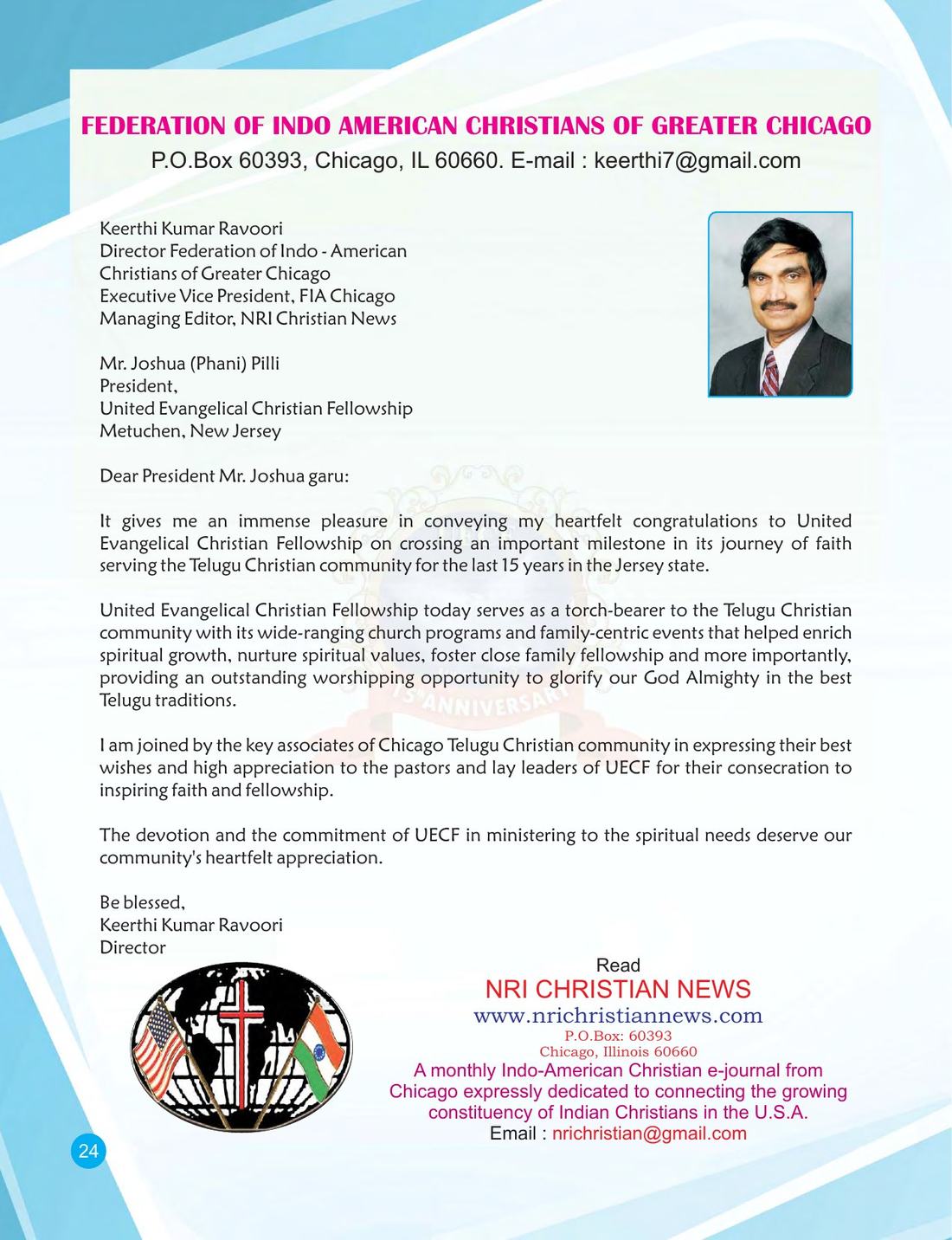 Congratulatory message on page 24 of the UECF 15th Anniversary Souvenir