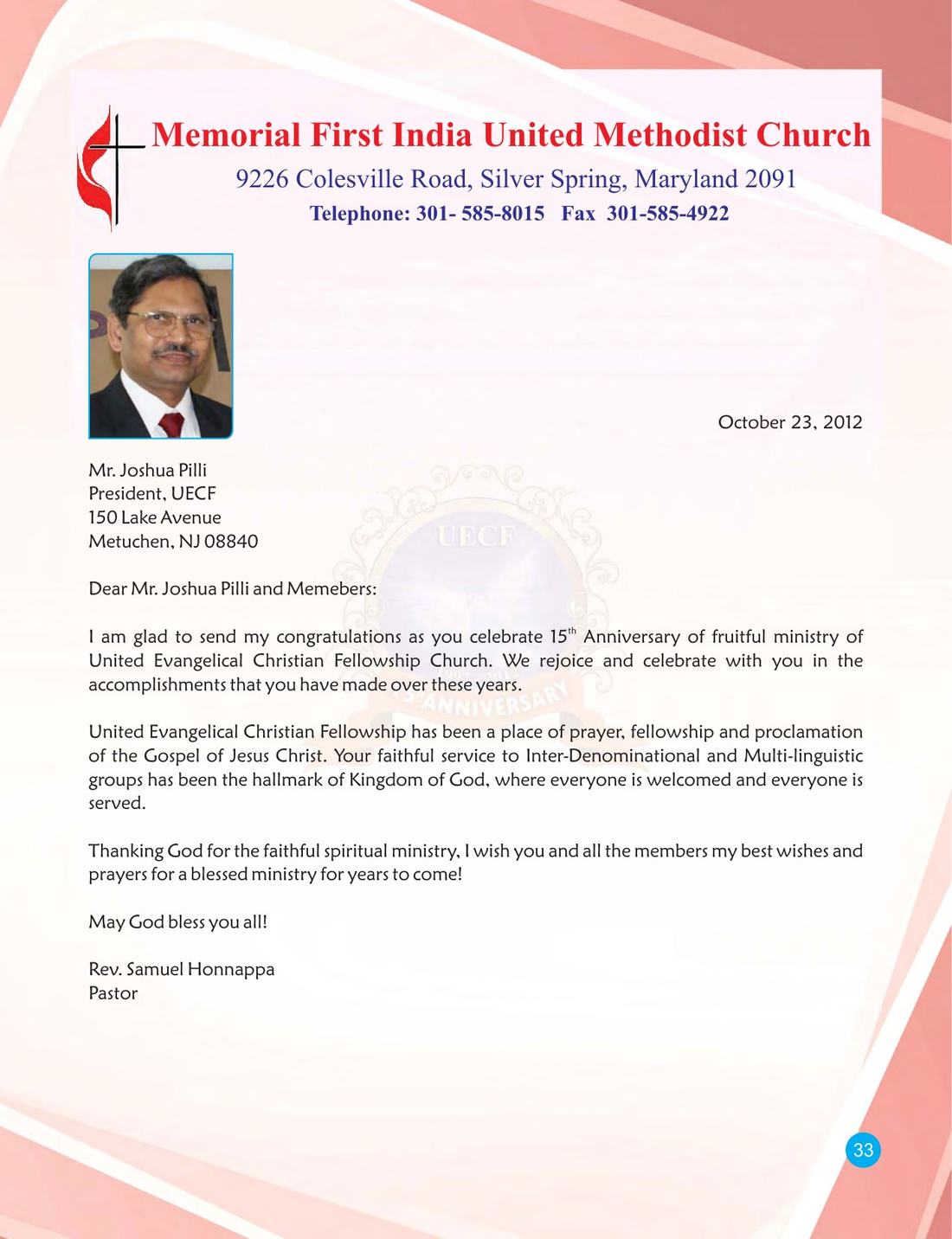 Congratulatory message on page 33 of the UECF 15th Anniversary Souvenir