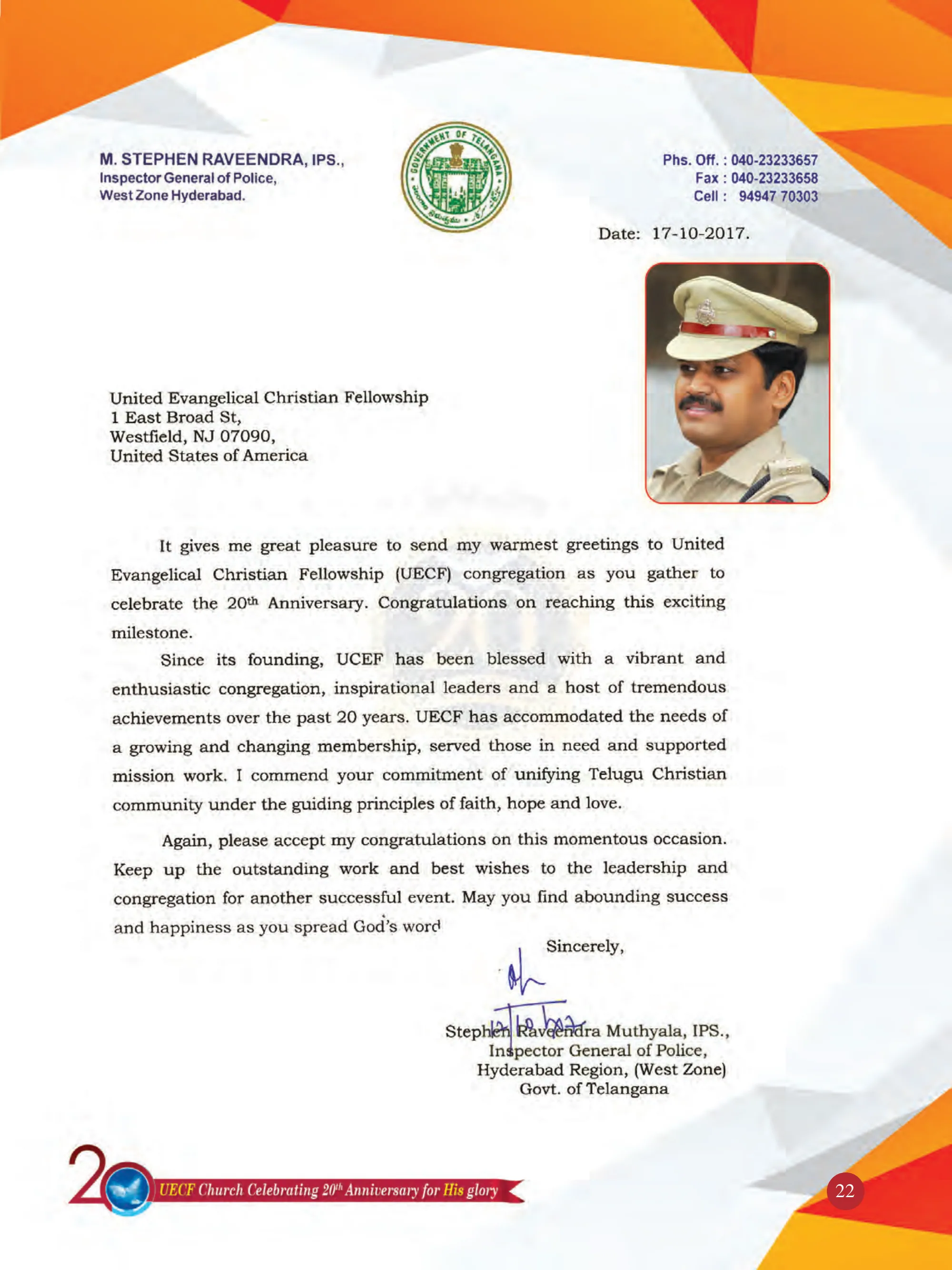 Mr. Stephen Ravindra Muthyala, IPS — souvenir page 22
