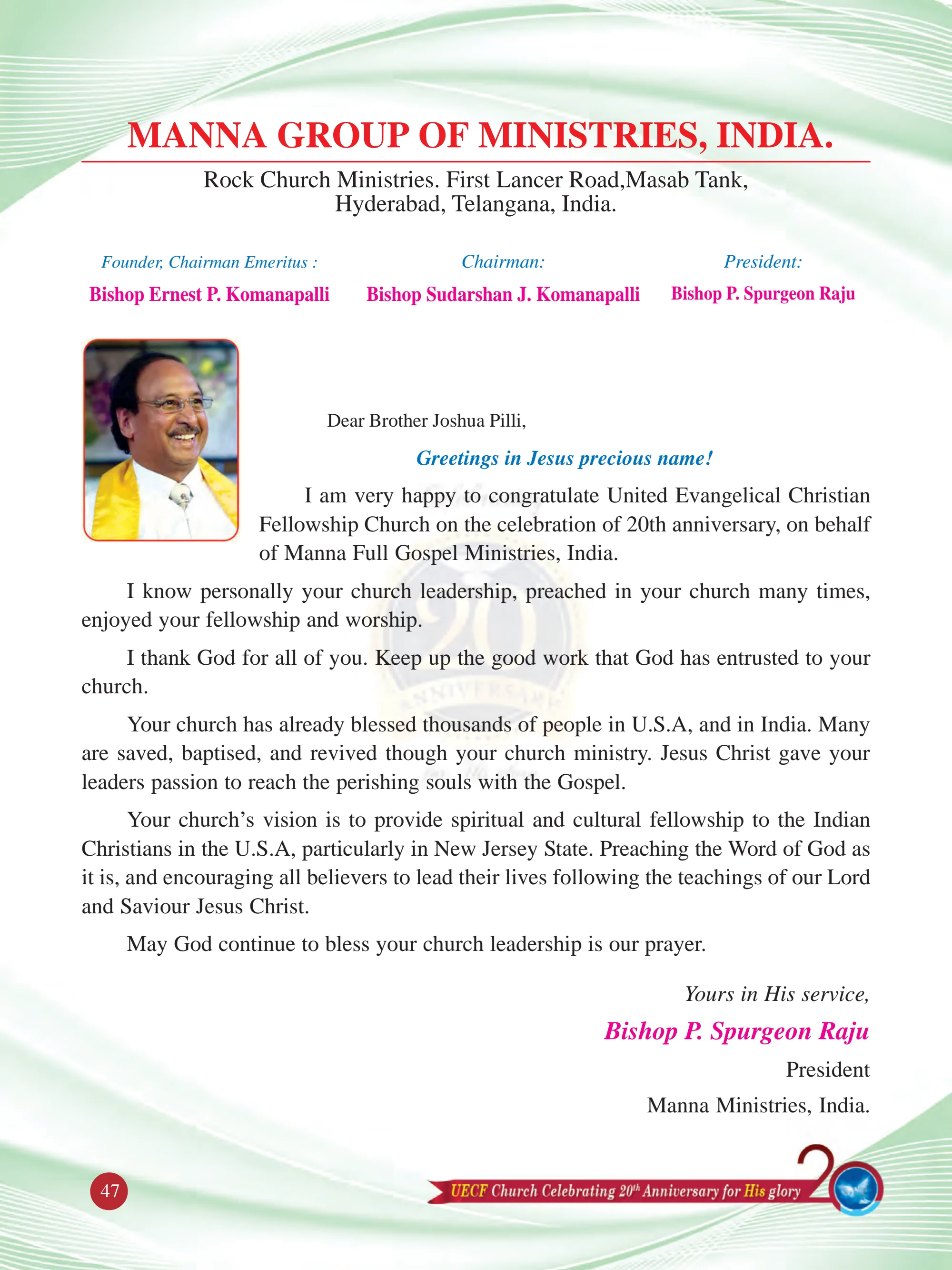 Bishop Spurgeon Raju Pachigalla — original souvenir page 47