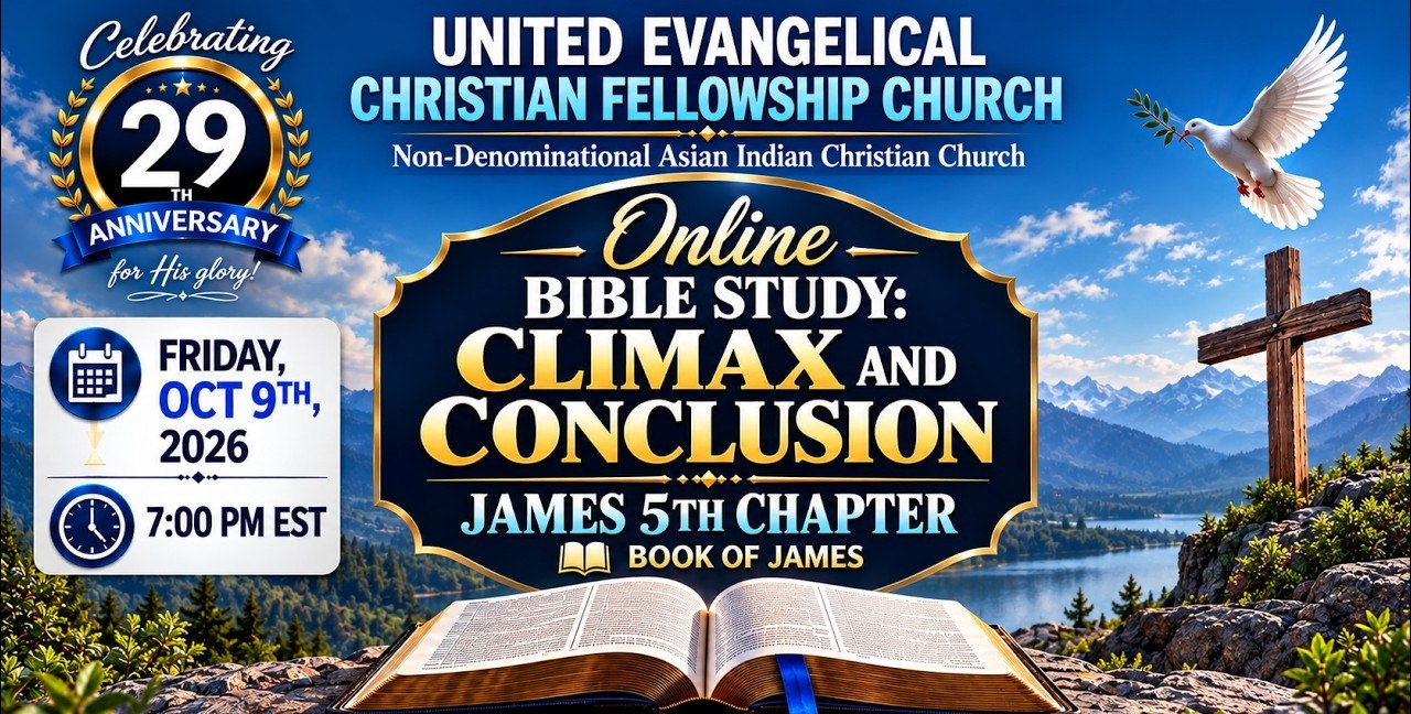UECF Church poster for the online Bible study: Climax and Conclusion, James 5th Chapter, Book of James. Friday, Oct 9th 2026, 7:00 PM EST. An open Bible before a lake, mountains and a wooden cross; a 29th-anniversary badge at the top left.